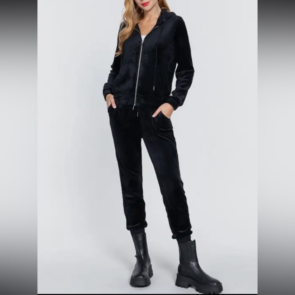 FAUX FUR LONG SLEEVE HOODIE ZIP-UP JACKET AND WAIST BAND JOGGER PANTS SET